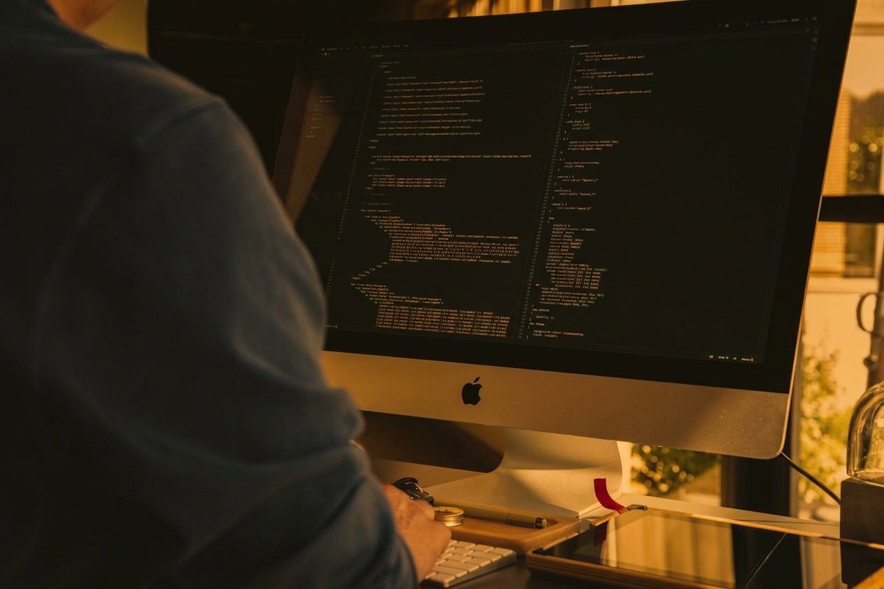 Developer writing code at a desktop workstation