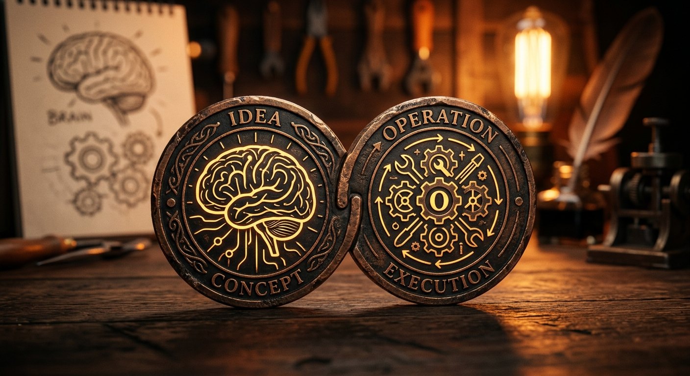 Idea and operation coins representing concept turning into execution